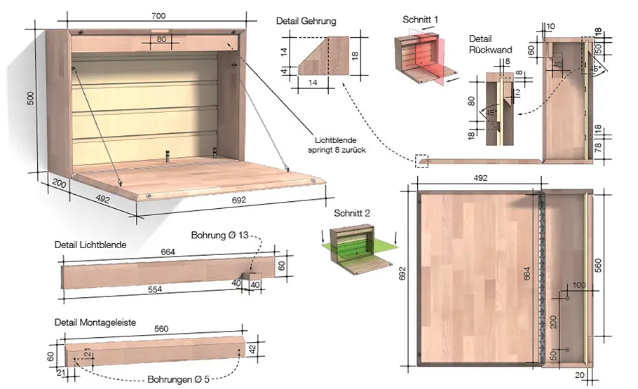 Wandschreibtisch zum Aufklappen Wandsekretär Zeichnungen