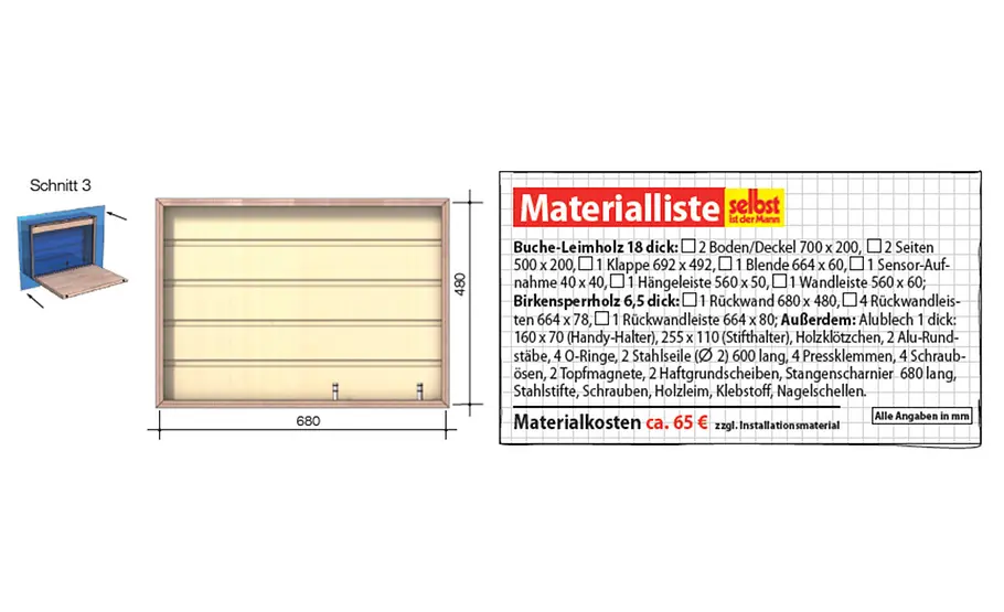 Wandschreibtisch zum Aufklappen Wandsekretär Zeichnungen und Materialliste