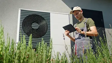 Techniker mit Tablet steht vor einer installierten Luft-Wärmepumpe an einem Wohngebäude, im Vordergrund blühender Lavendel. - Foto: iStock / StockSeller_ukr Techniker mit Tablet steht vor einer installierten Luft-Wärmepumpe an einem Wohngebäude, im Vordergrund blühender Lavendel. - Foto: iStock / StockSeller_ukr