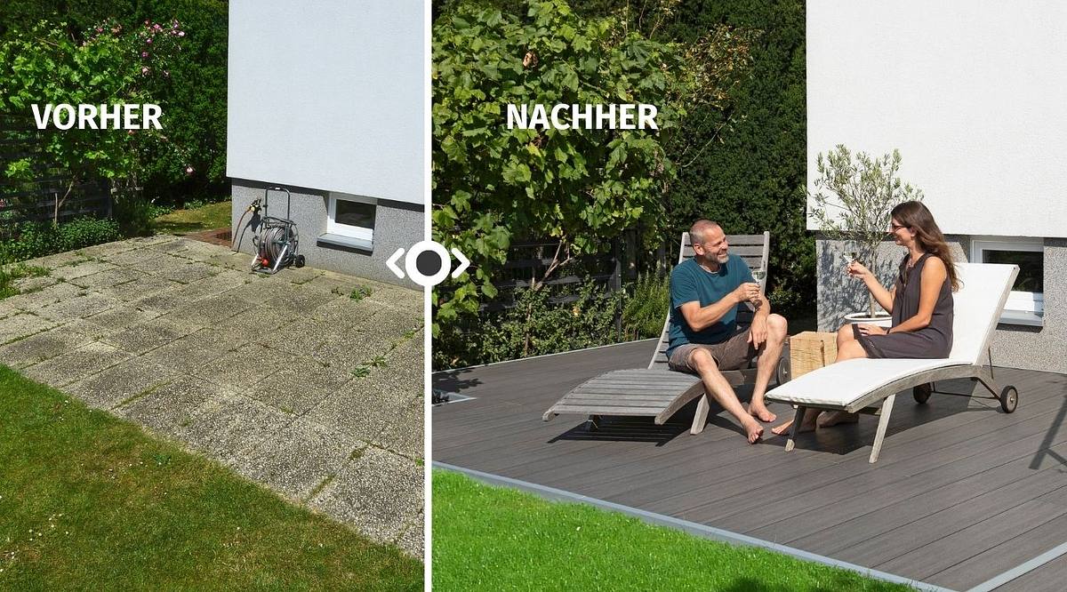 Terrasse aus Waschbetonplatten wird mit WPC-Dielen verkleidet