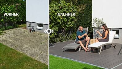 Terrasse aus Waschbetonplatten wird mit WPC-Dielen verkleidet - Foto: sidm / CK, GB