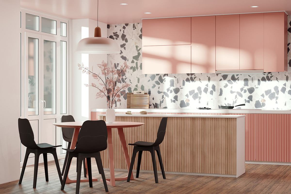 Eine Küche mit rosa Schränken und schwarzen Möbeln