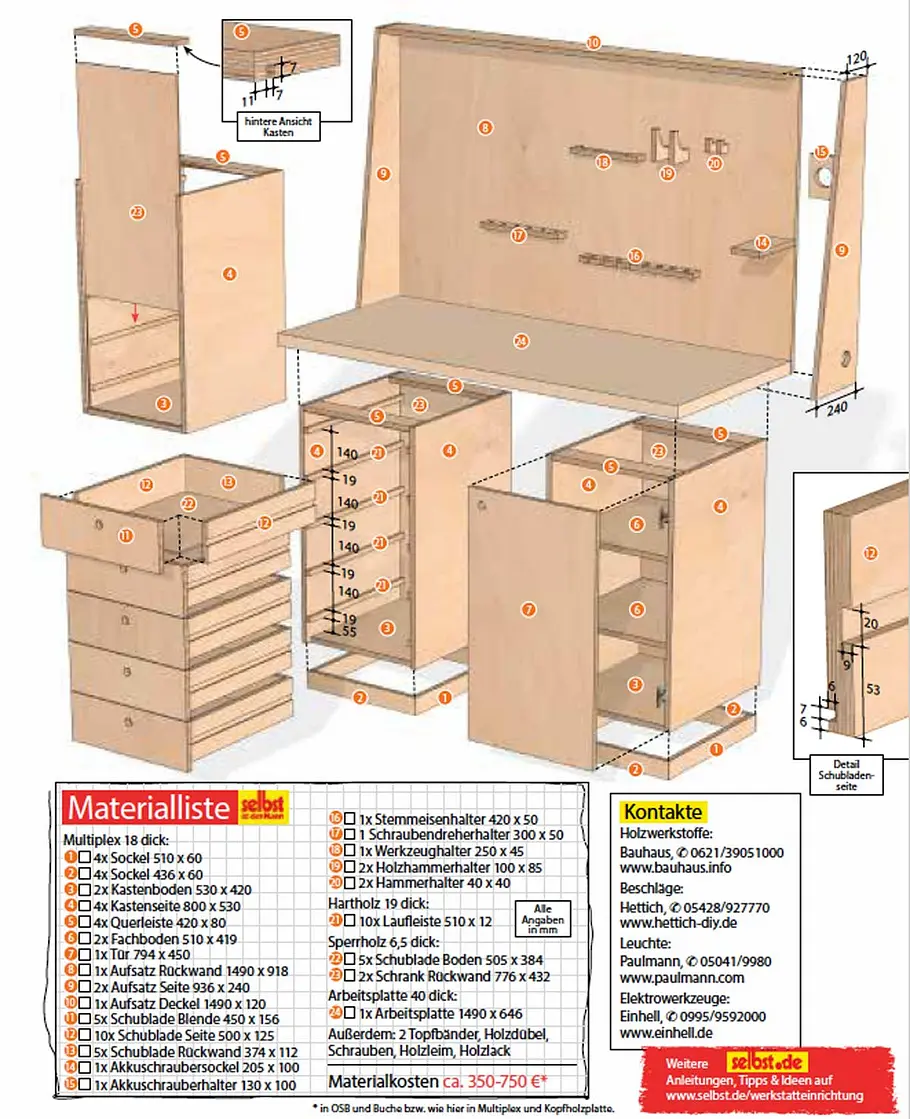 Zeichnung und Materialliste für die Werkzeugbank
