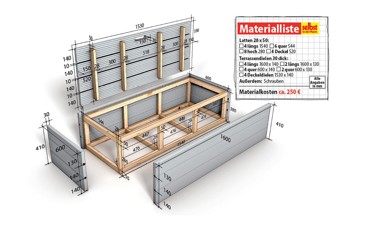 WPC-Terrasse Kasten Zeichnung und Materialliste